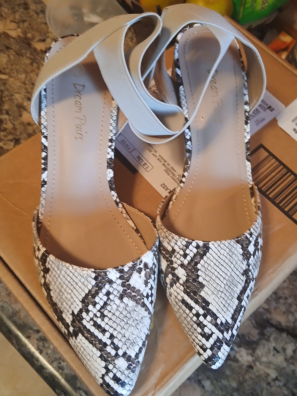 Dream Pairs Women's Snake-Print Pointed Toe Ankle Strap Flats in White/Brown